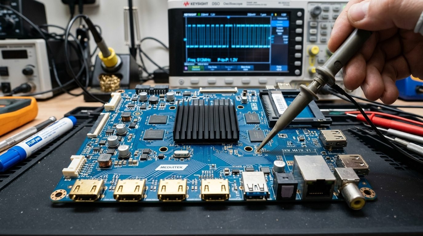 Smart TV mainboard processor and HDMI ports under oscilloscope test