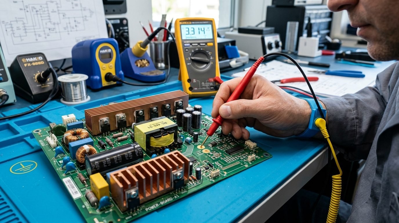 TV SMPS power board being tested with digital multimeter