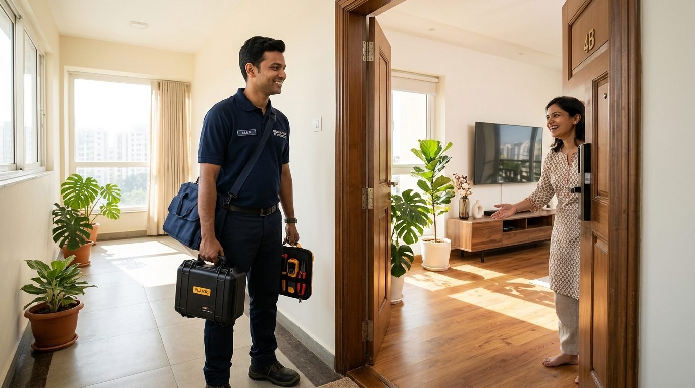 Technician arriving at a Bangalore apartment for TV inspection