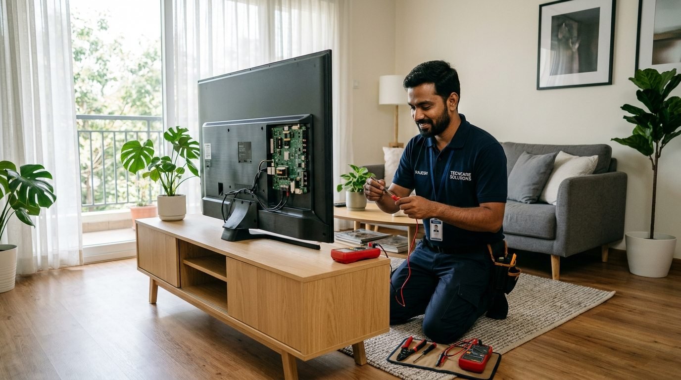Technician repairing a minor TV fault inside customer living room